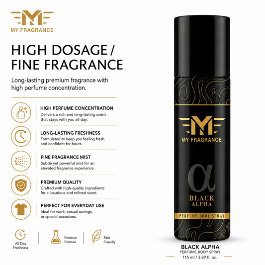 My Fragrance Black Alpha Deo Body Spray | 24h Long Lasting Freshness, No Gas, Bold Masculine Deodorant Spray  -  For Men