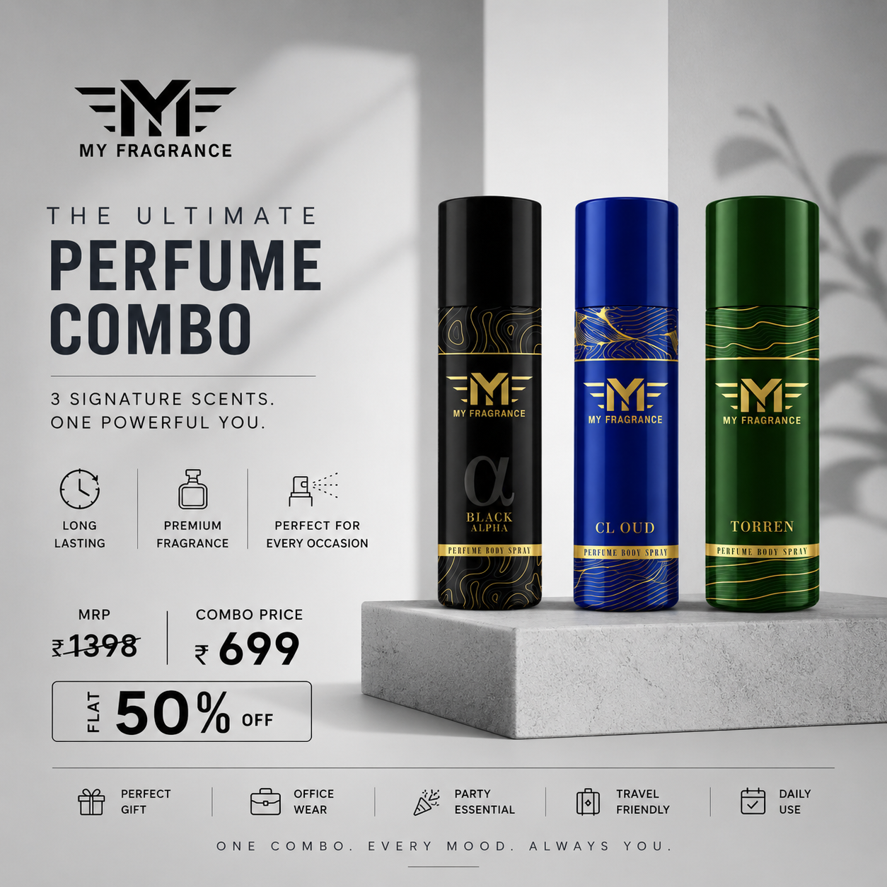 My Fragrance Perfume Body Spray Combo Pack of 3 | Black Alpha, CL OUD & Torren | Long Lasting Premium Body Spray | Flat 50% OFF