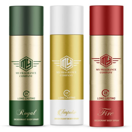 Refreshing Deodorant Royal, Impulse, Fire Deodorant Set For Unisex | (165ml Each, Combo of 3) - MY FRAGRANCE COMPANY